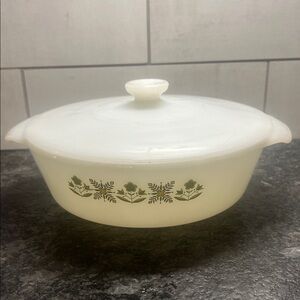 Vintage Green Meadow Casserole Dish with Floral Design by Fire King